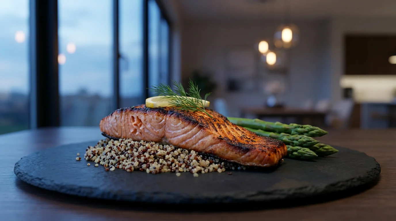 Low angle shot of a grilled salmon dinner with asparagus on a dark plate.