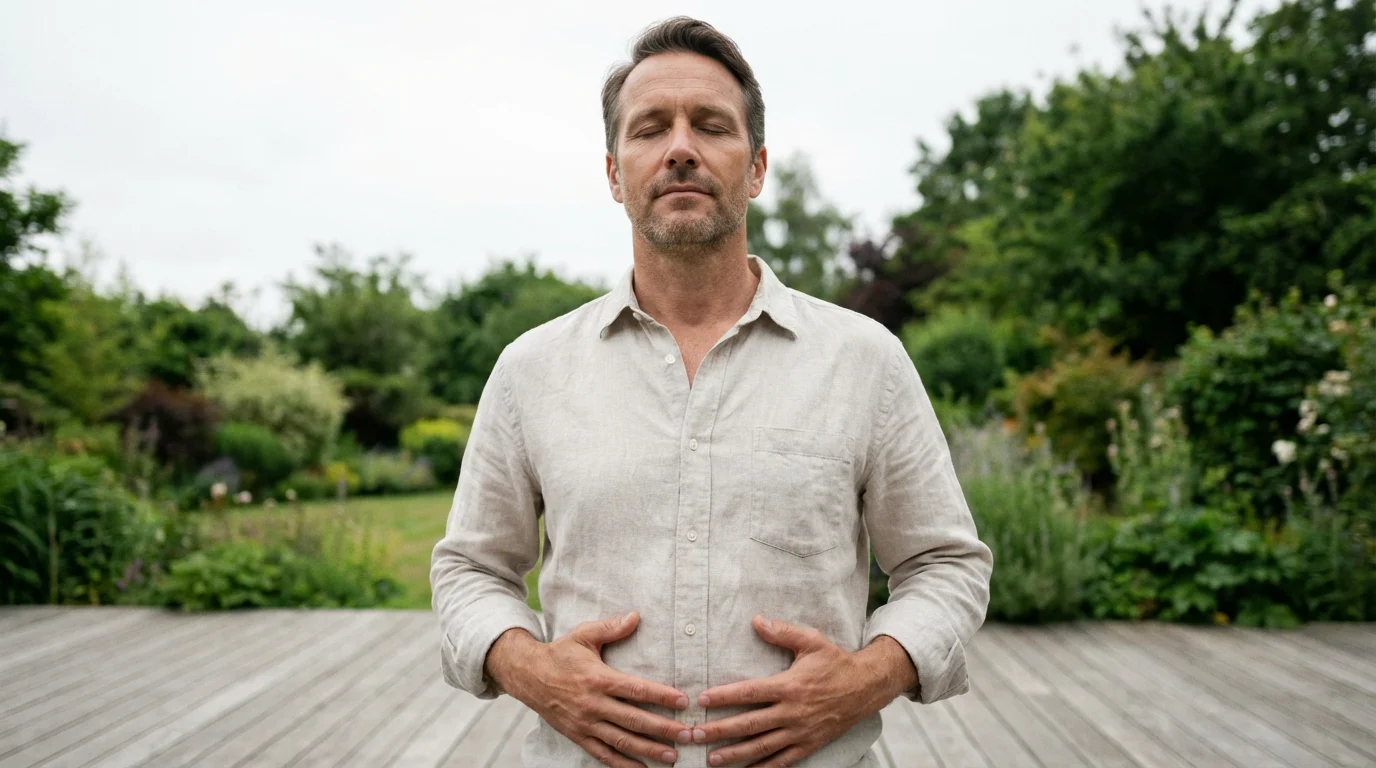 Low angle shot of a man practicing a standing breathing exercise outdoors.