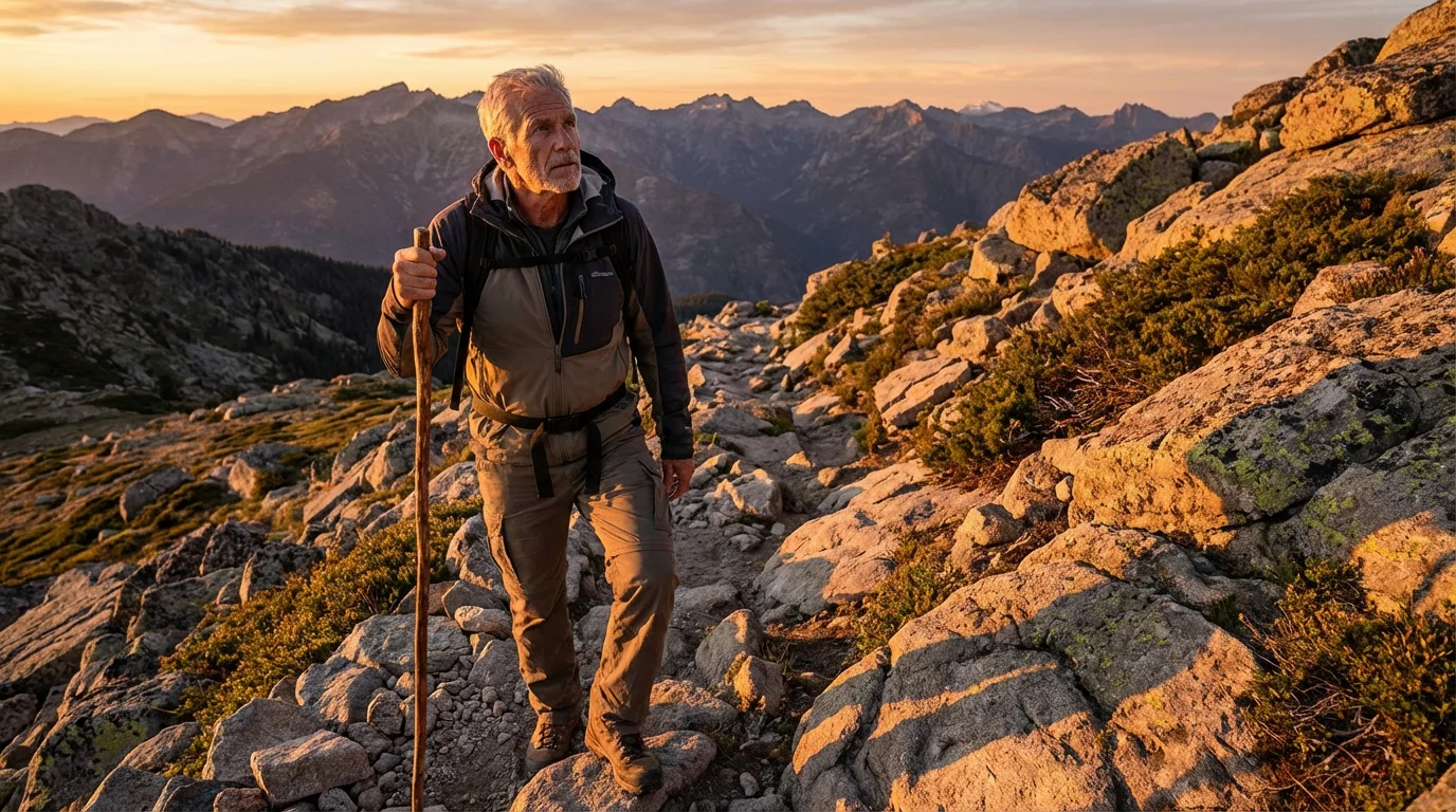 Low angle shot of a senior man hiking a mountain trail at golden hour.
