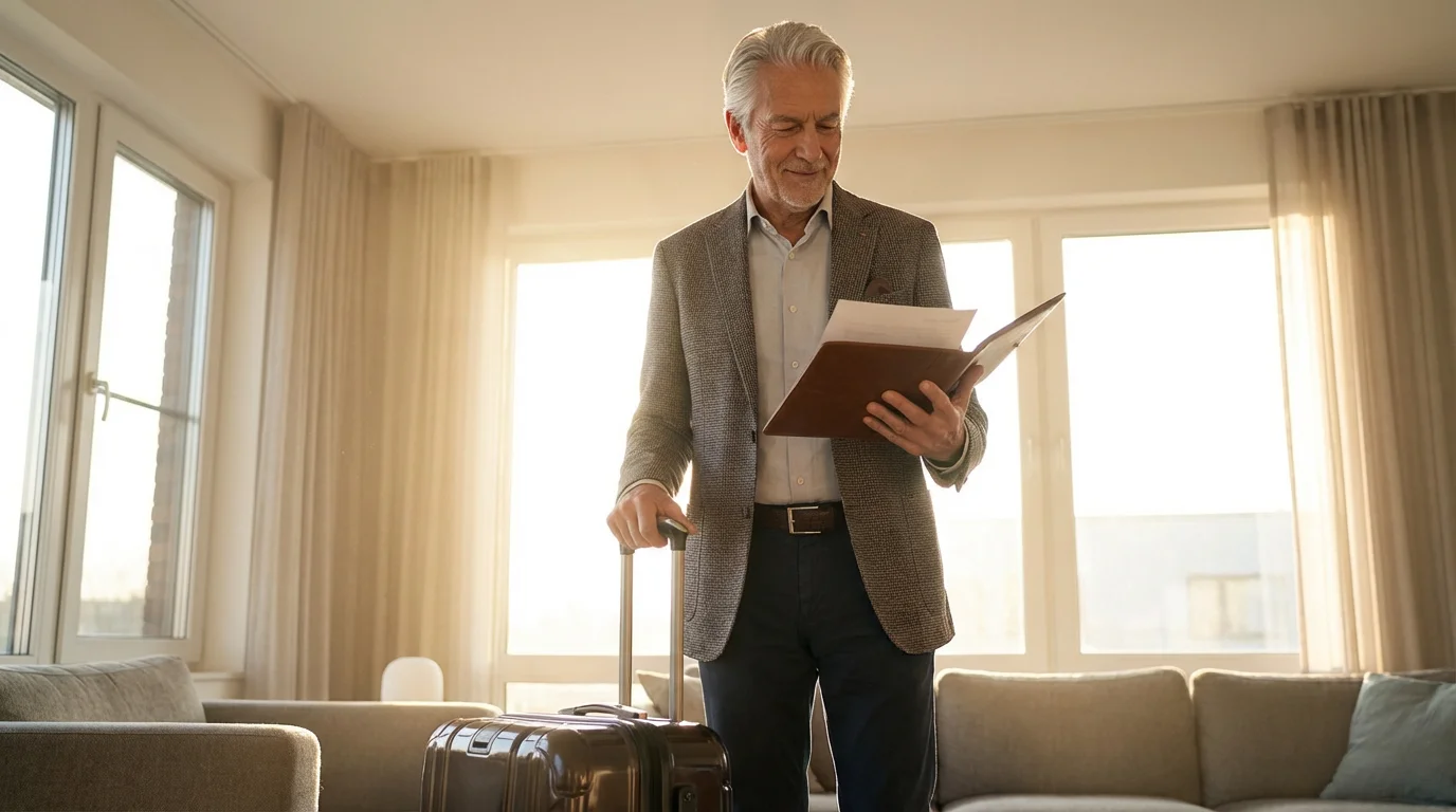 Low angle shot of a senior man reviewing travel documents next to his suitcase.