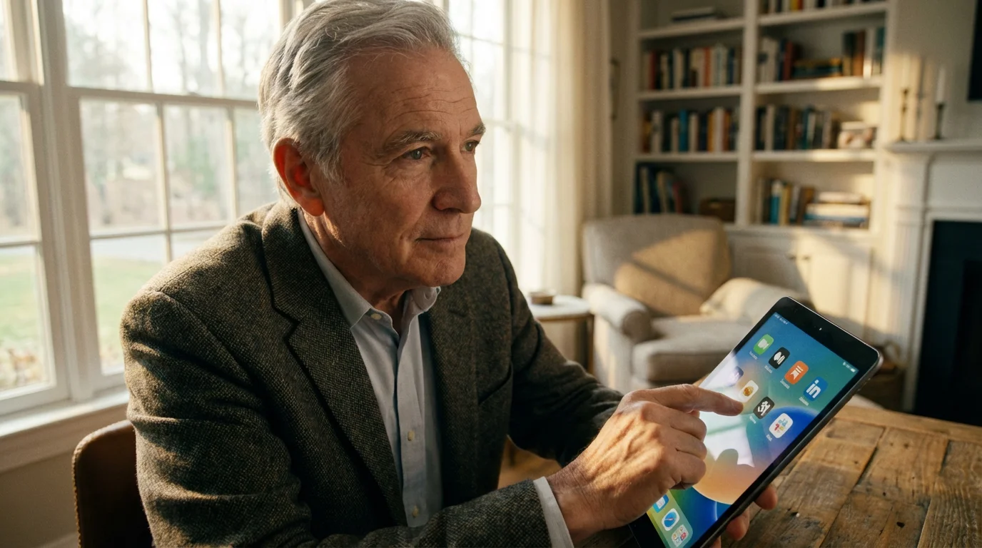 Low angle shot of a senior man sitting at a desk, thoughtfully choosing an app on a tablet.