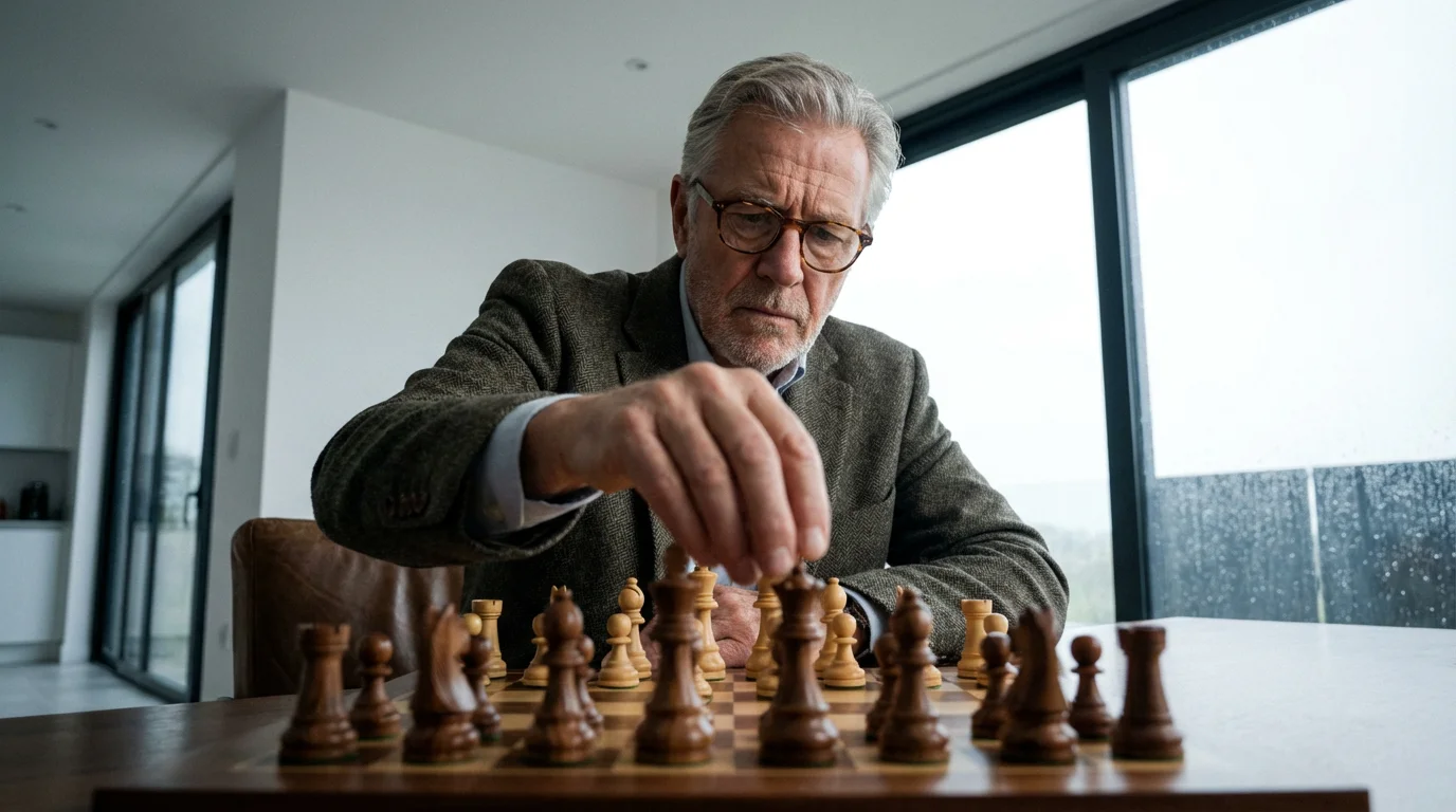 Low angle shot of a senior man thoughtfully playing chess in a brightly lit room.