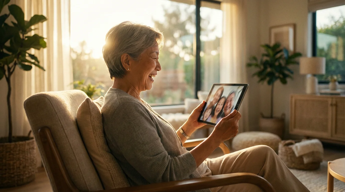 Low angle shot of a senior woman happily video-calling her family on a tablet.