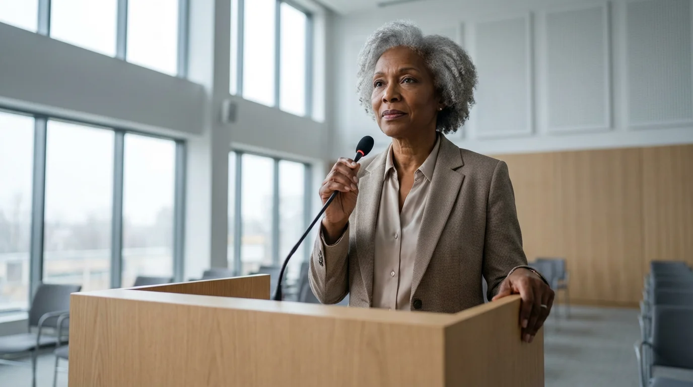 Low angle shot of a senior woman speaking gracefully at a podium in a hall.
