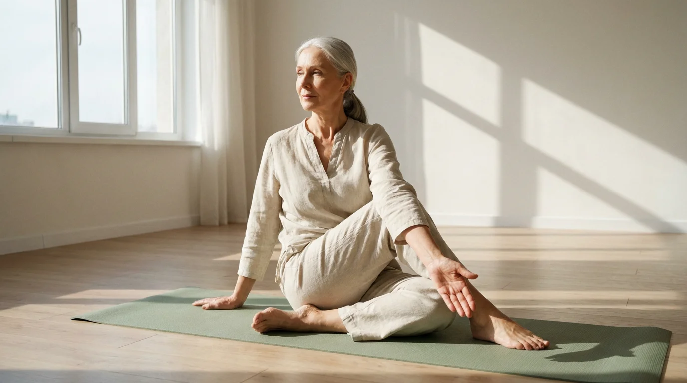 Low angle shot of a serene older woman practicing a seated yoga twist.
