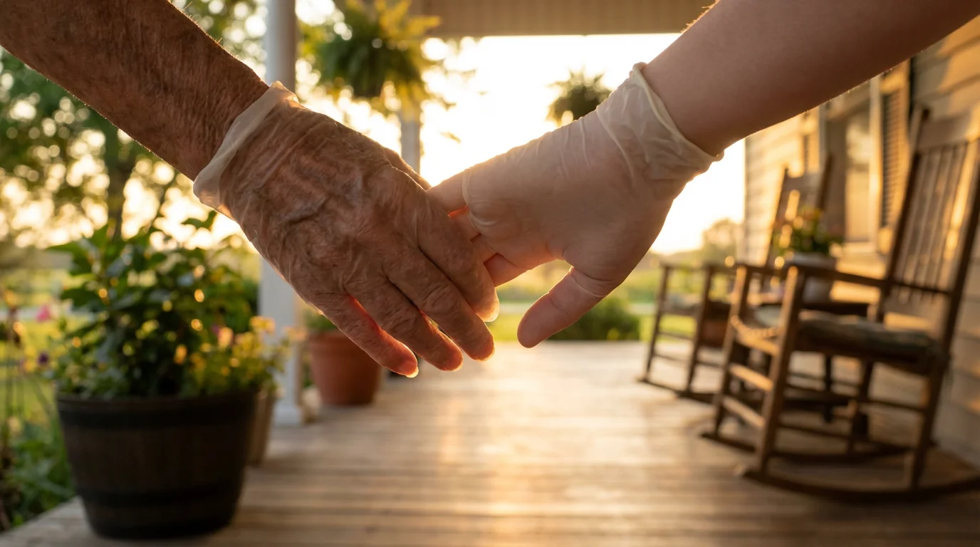 Low angle shot of an older and younger hand gently separating at golden hour.