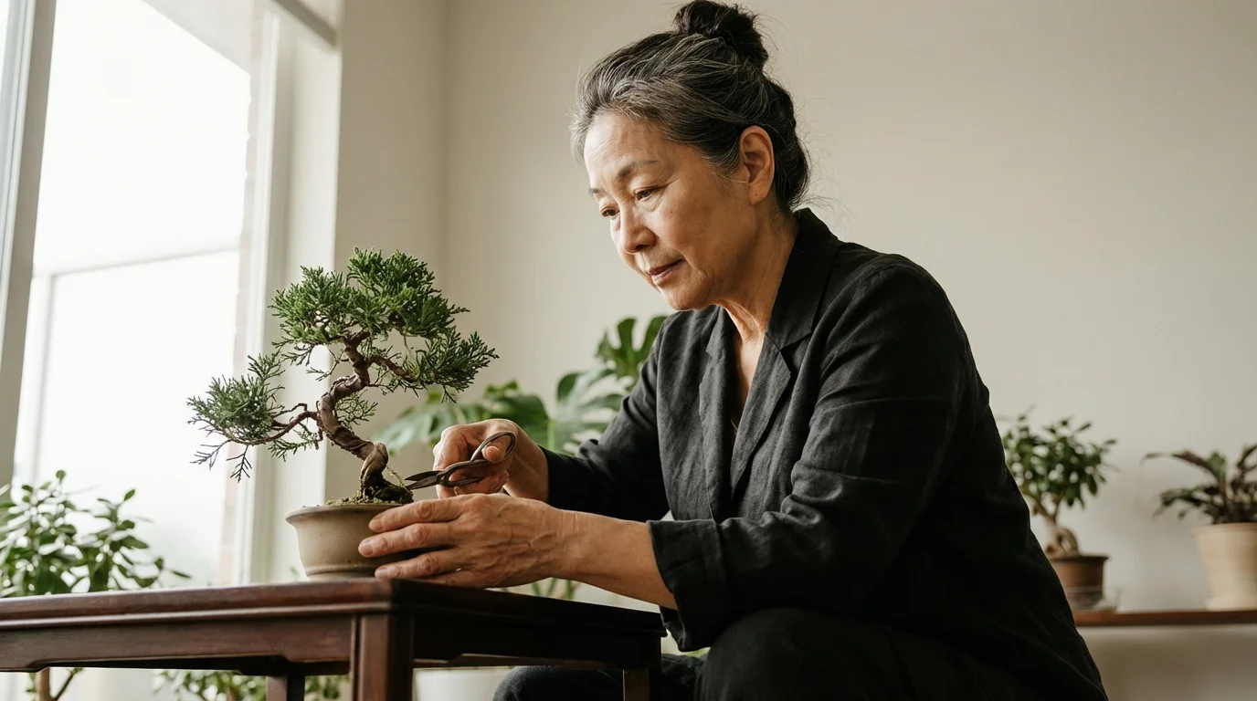 Low angle shot of an older woman carefully nurturing and pruning a bonsai tree.
