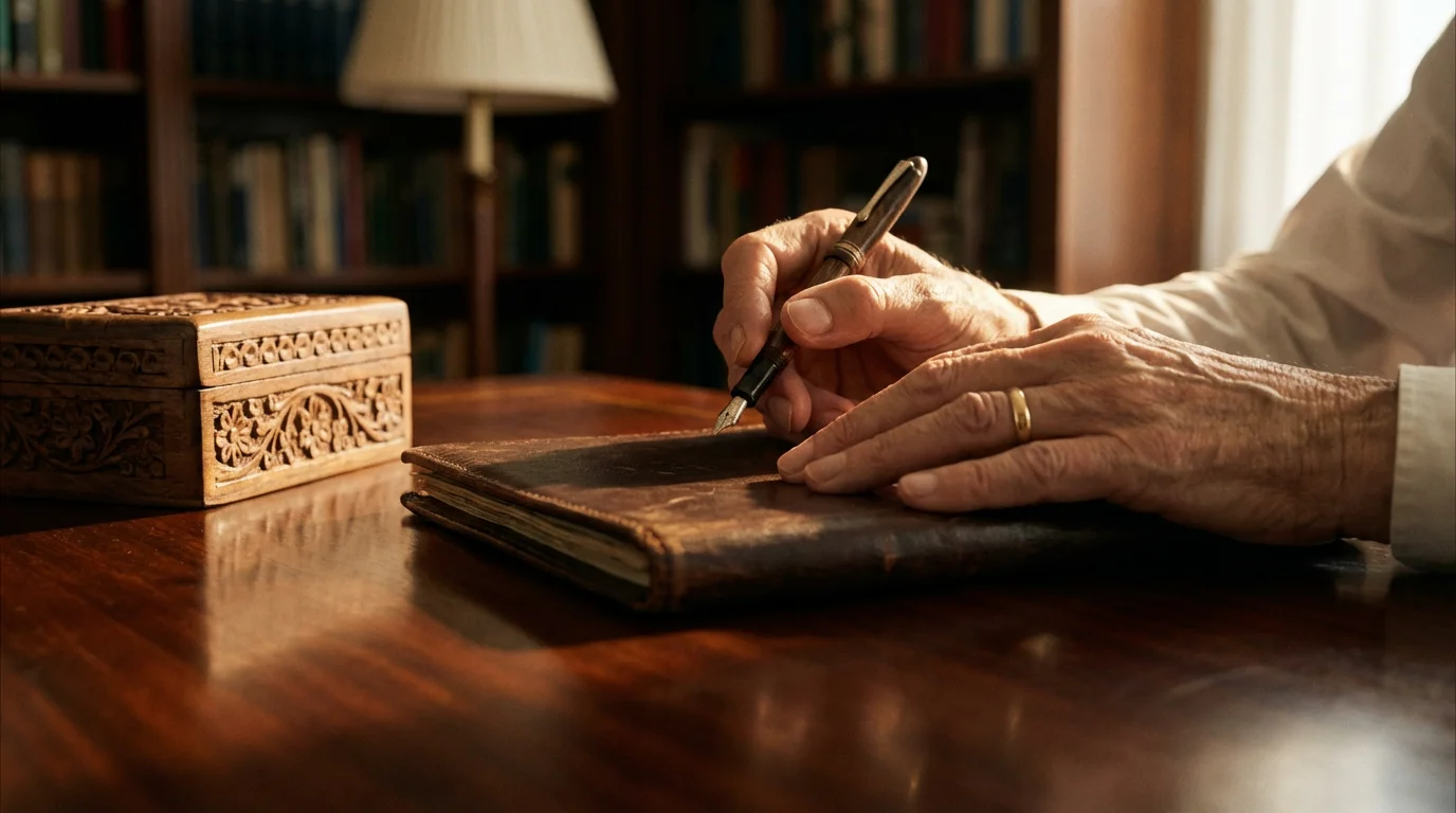 Low angle shot of elegant hands on a desk with a document folder and pen.
