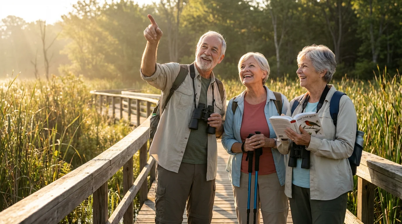 Low angle shot of three diverse seniors bird-watching together on a boardwalk at sunrise.