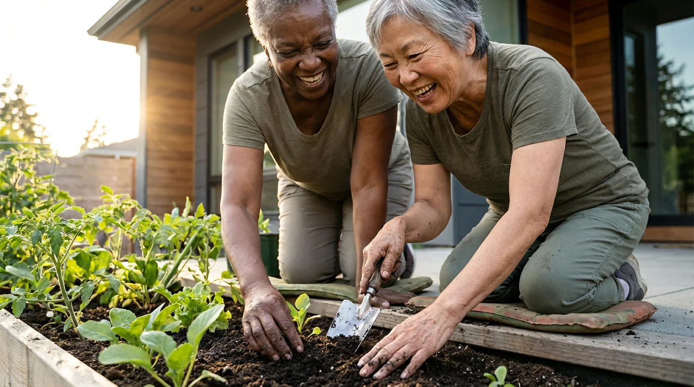 Low angle shot of two elderly female friends laughing together while gardening outdoors.