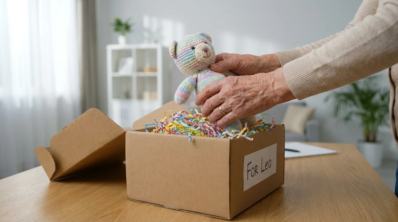Low angle view of a grandmother's hands carefully placing a knitted toy into a package.