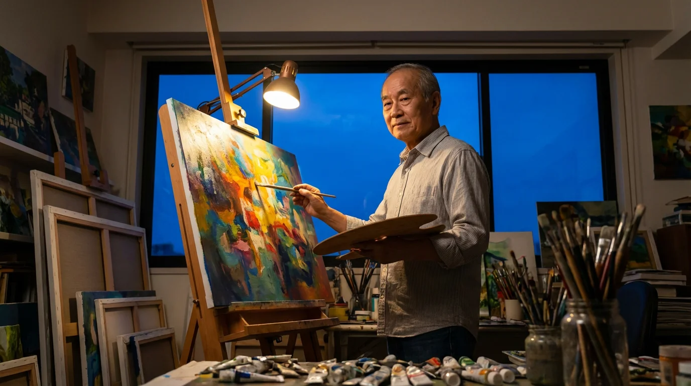 Low angle view of a senior man painting on a large canvas in his studio during twilight.