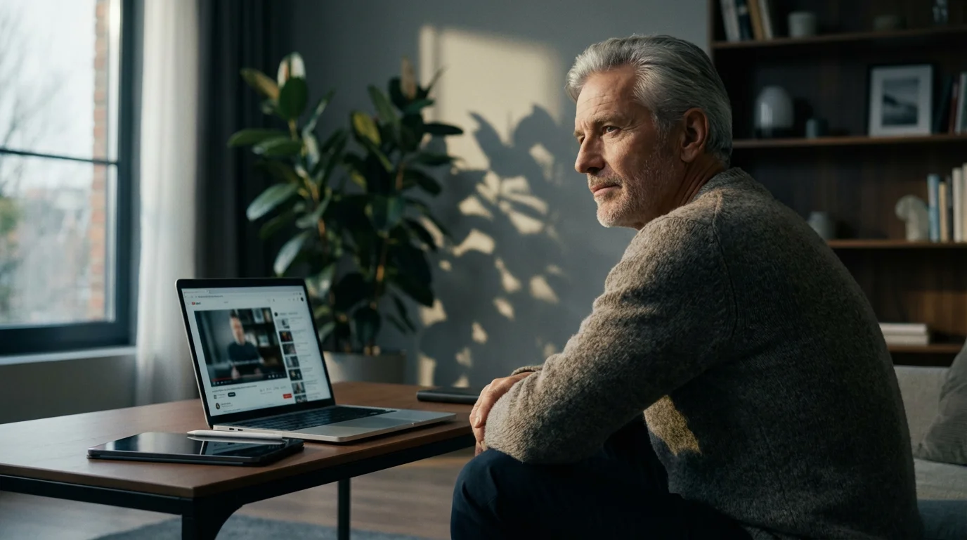 Low angle view of a senior man taking an online course on his laptop.