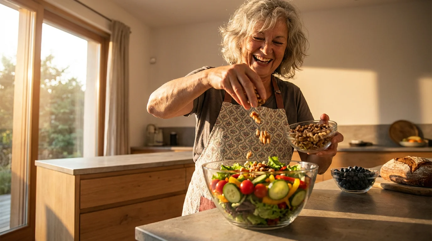 Low angle view of a senior woman adding walnuts to a healthy salad.