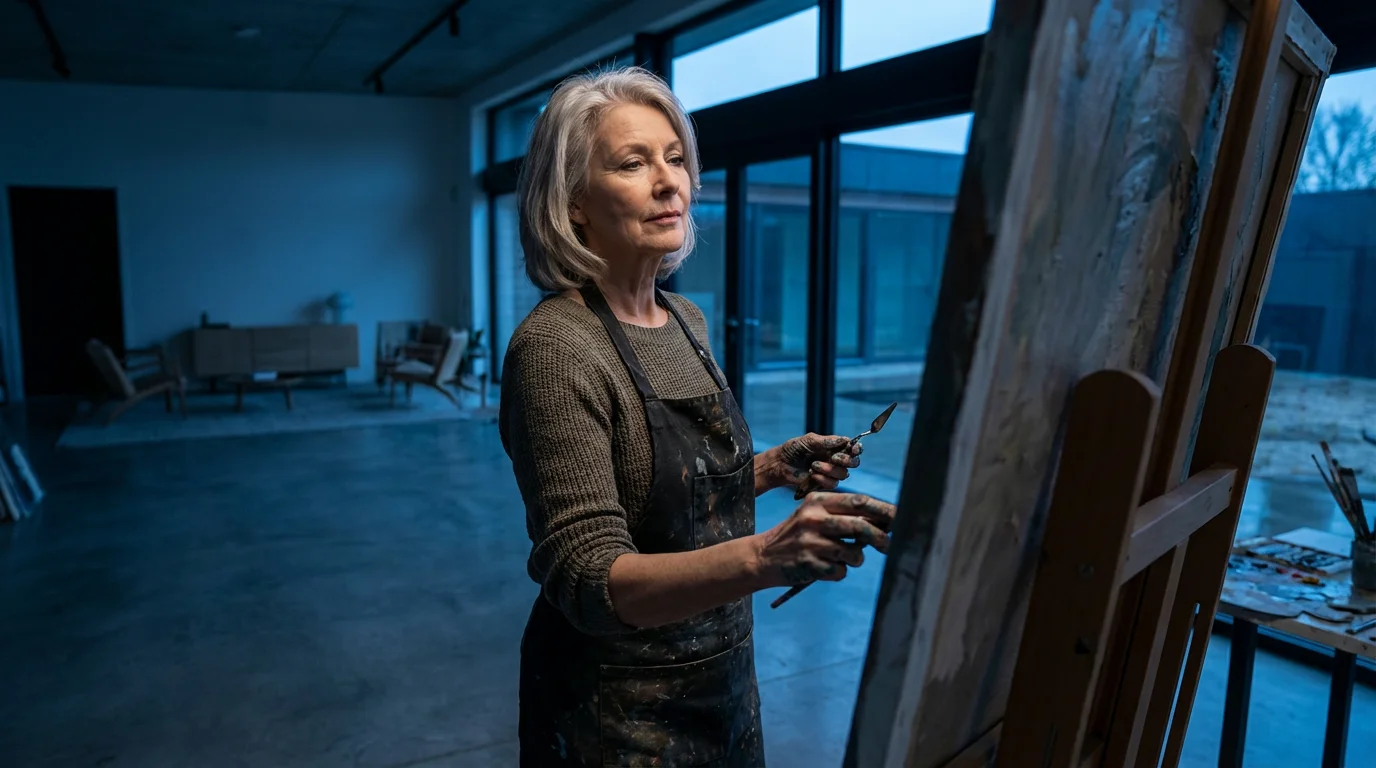 Low angle view of a senior woman painting on a large canvas at twilight.