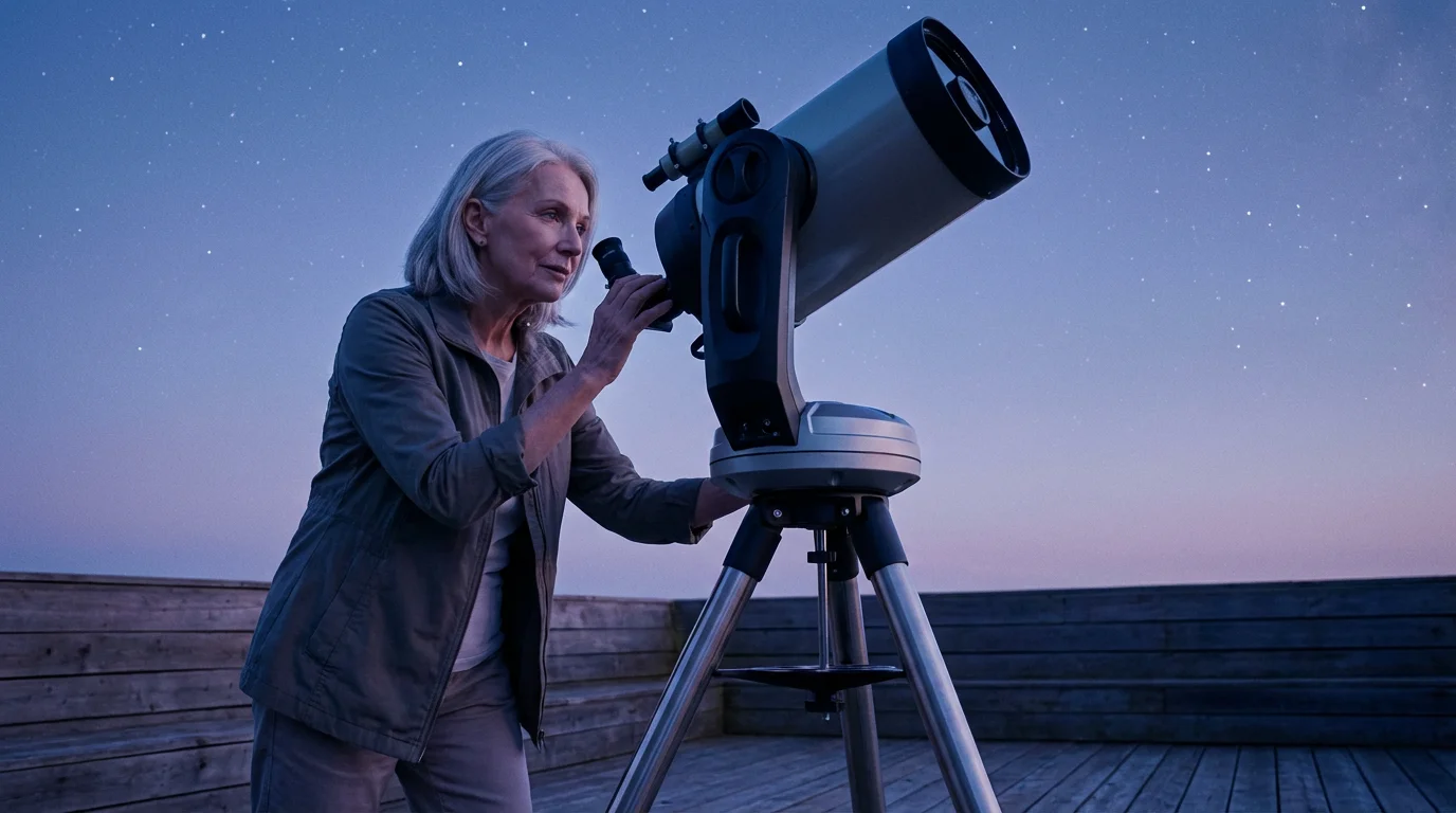 Low angle view of a senior woman setting up a telescope on a deck at dusk.