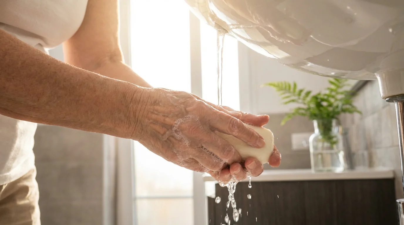 Low angle view of a senior woman's hands washing with gentle soap in a sunlit bathroom.