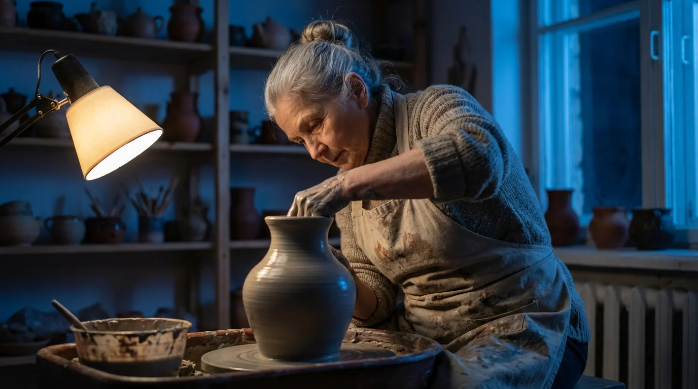 Low angle view of a senior woman's hands shaping clay on a pottery wheel.