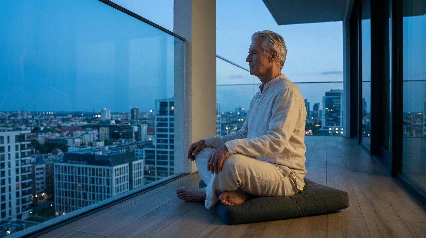 Low angle view of an older man meditating peacefully on a city balcony at dusk.