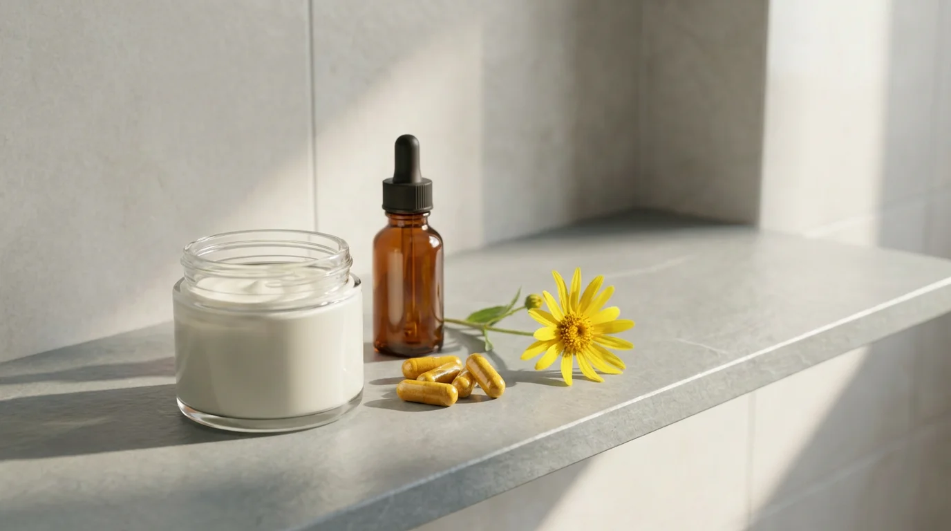 Low angle view of natural arthritis supplements and topical cream on a slate shelf.