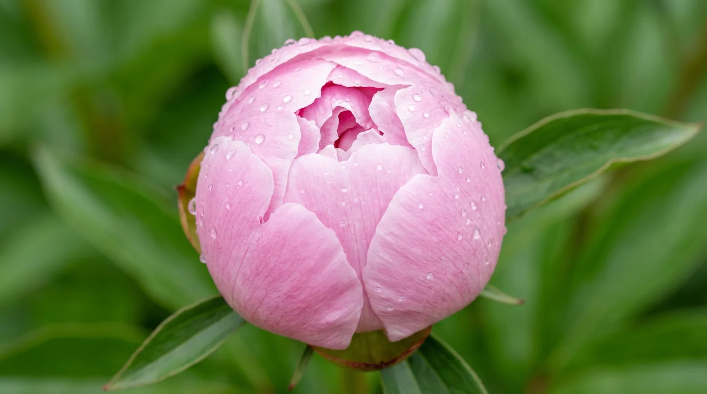 Macro close-up of a pink flower bud with dew drops about to bloom.