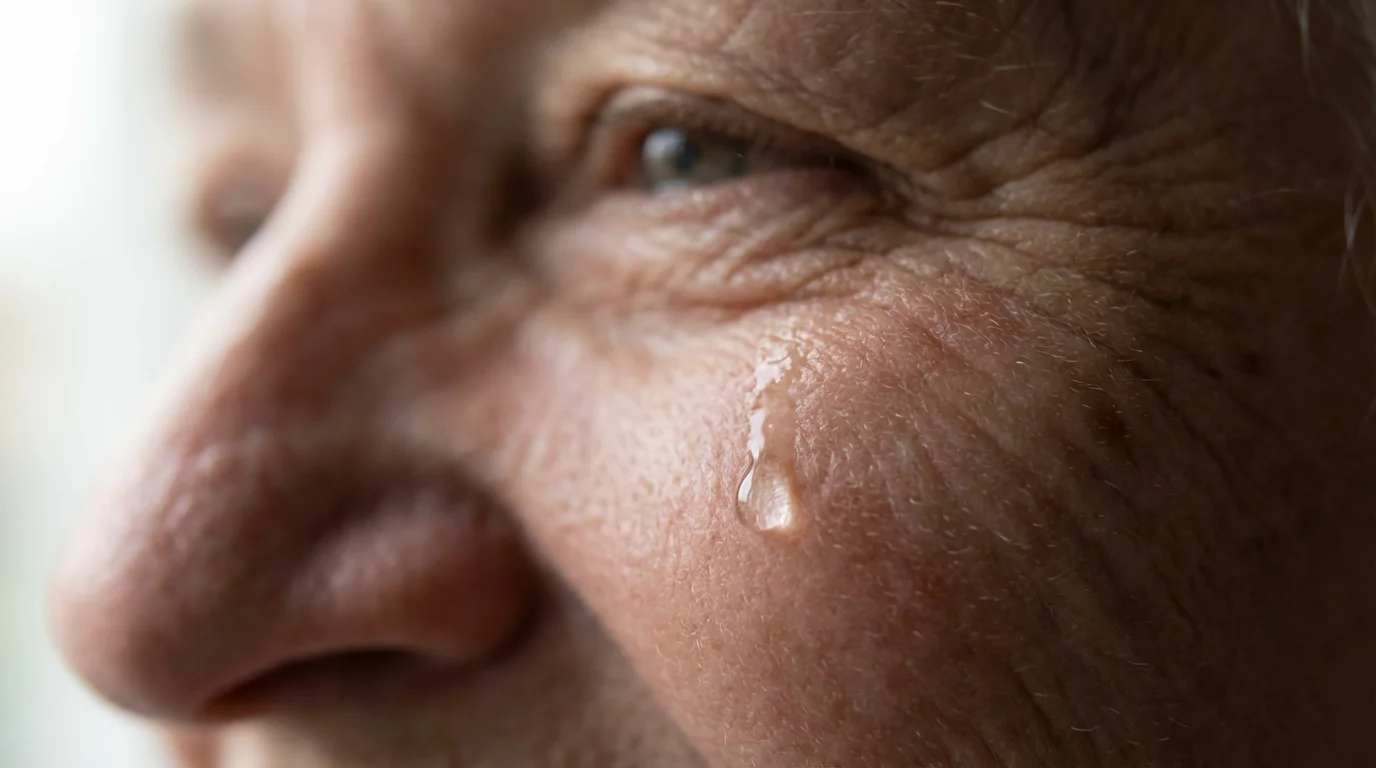 Macro close-up of a single tear of joy on a smiling person's cheek.