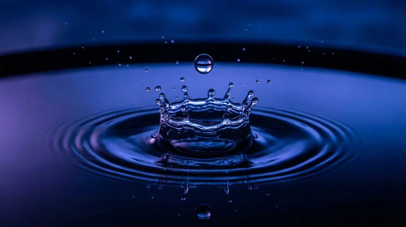 Macro close-up of a single water droplet creating ripples on a dark, still surface.