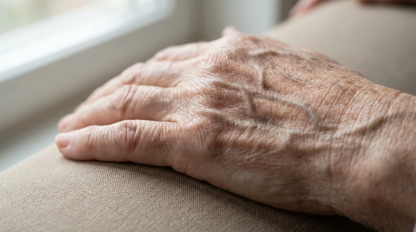 Macro close-up of an older person's hand showing the detailed texture of aging skin.