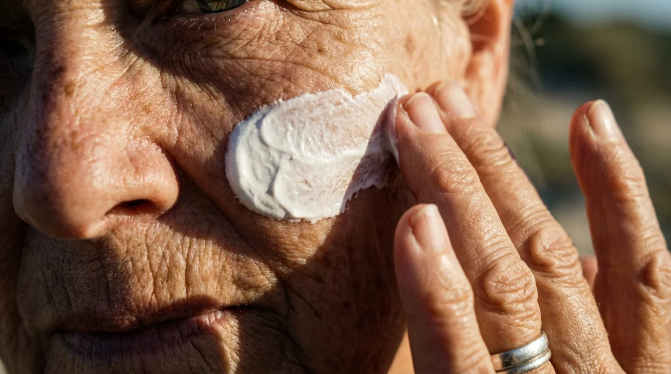 Macro close-up of thick white sunscreen being applied to a senior's weathered cheek skin.