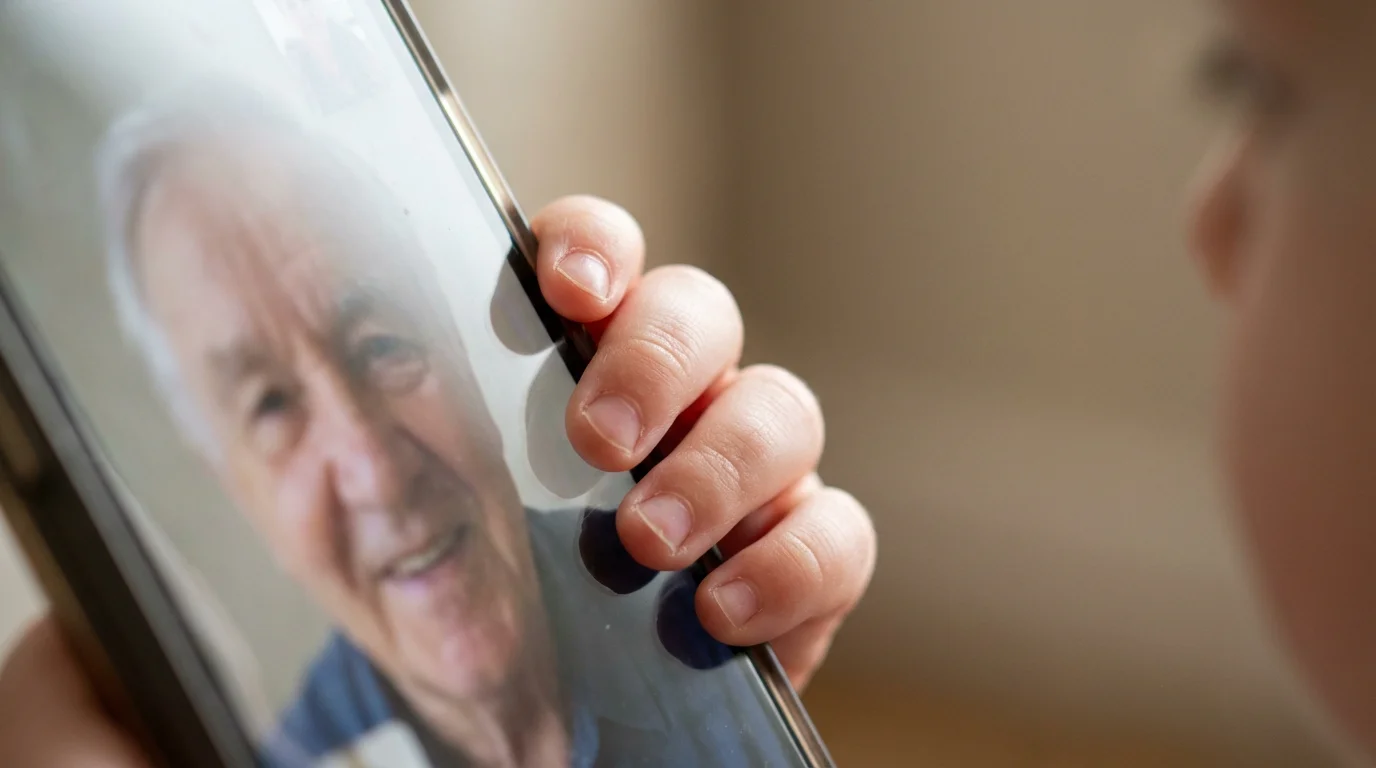 Macro photo of a child's hand holding a phone showing a grandparent on video call.