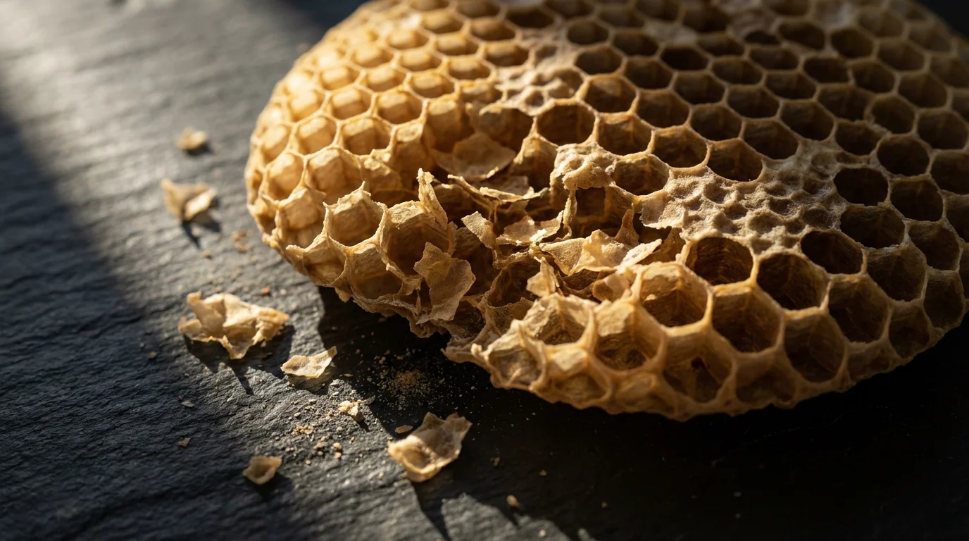 Macro photo of a damaged honeycomb representing the fragility of bones in osteoporosis.