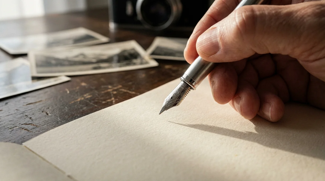 Macro photo of a fountain pen poised over a journal during retirement planning reflection.