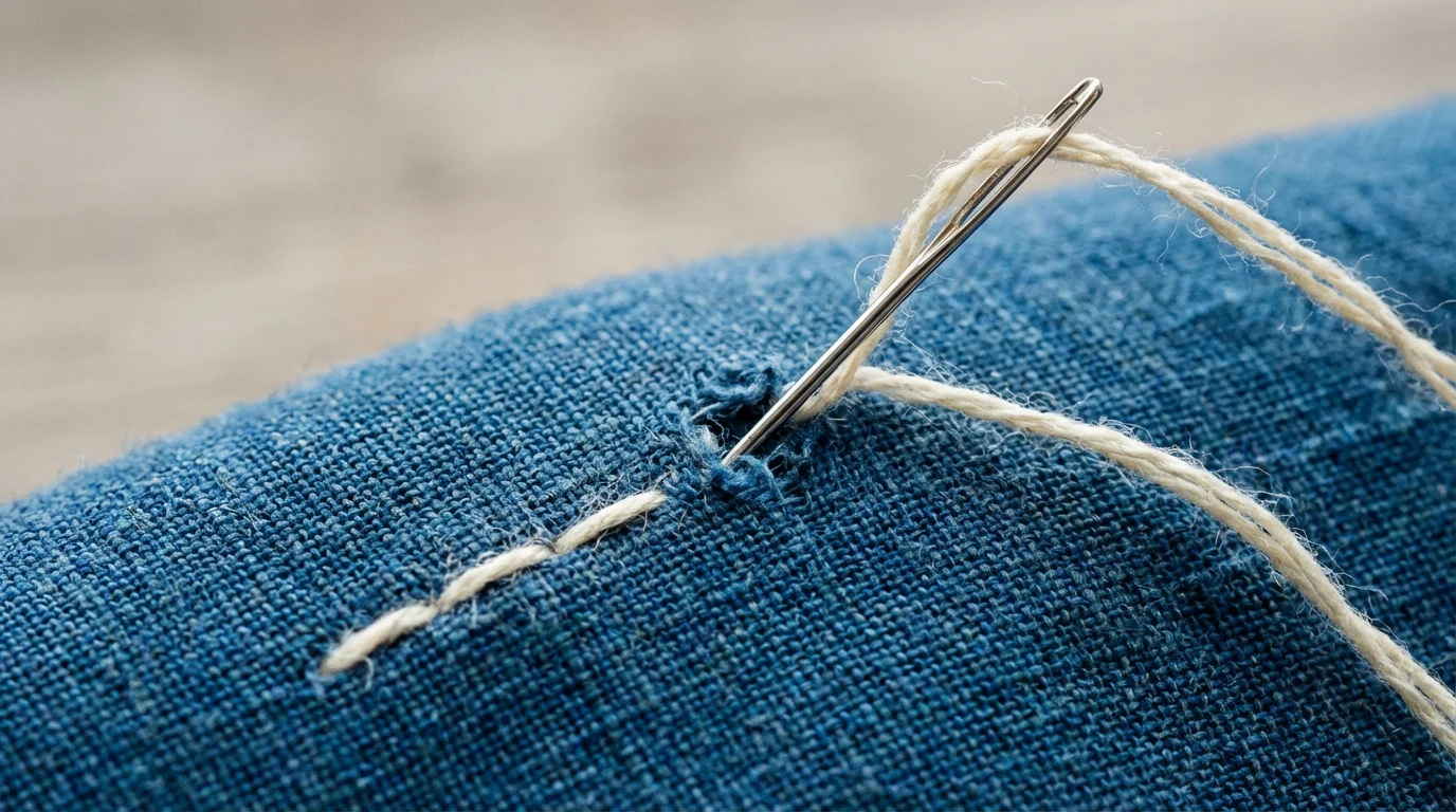 Macro photo of a needle and thread carefully mending torn blue linen fabric.