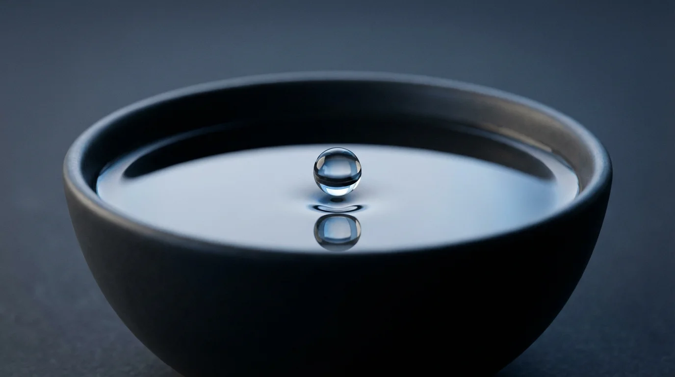 Macro photo of a single water droplet falling into a calm bowl of water.