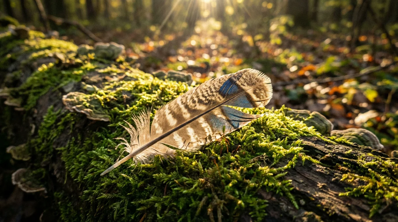 Macro photo of a small feather resting on green moss in afternoon forest light.