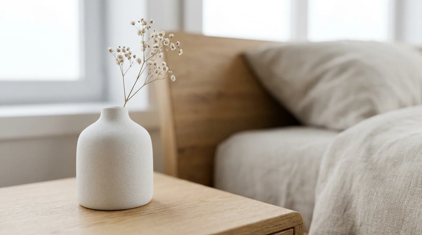 Macro photo of a small white ceramic vase with dried baby's breath.