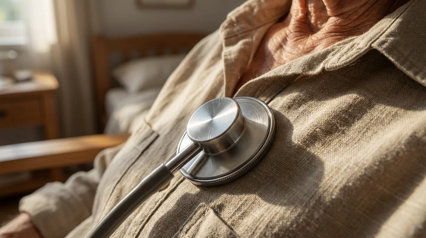 Macro photo of a stethoscope resting on an older person's chest in afternoon light.