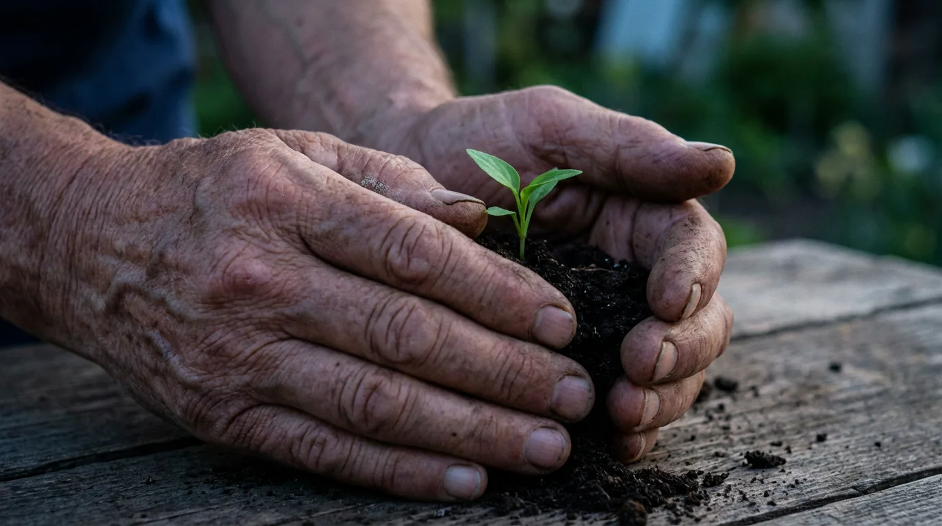 Macro photo of elderly hands gently holding a small, new plant sprout.