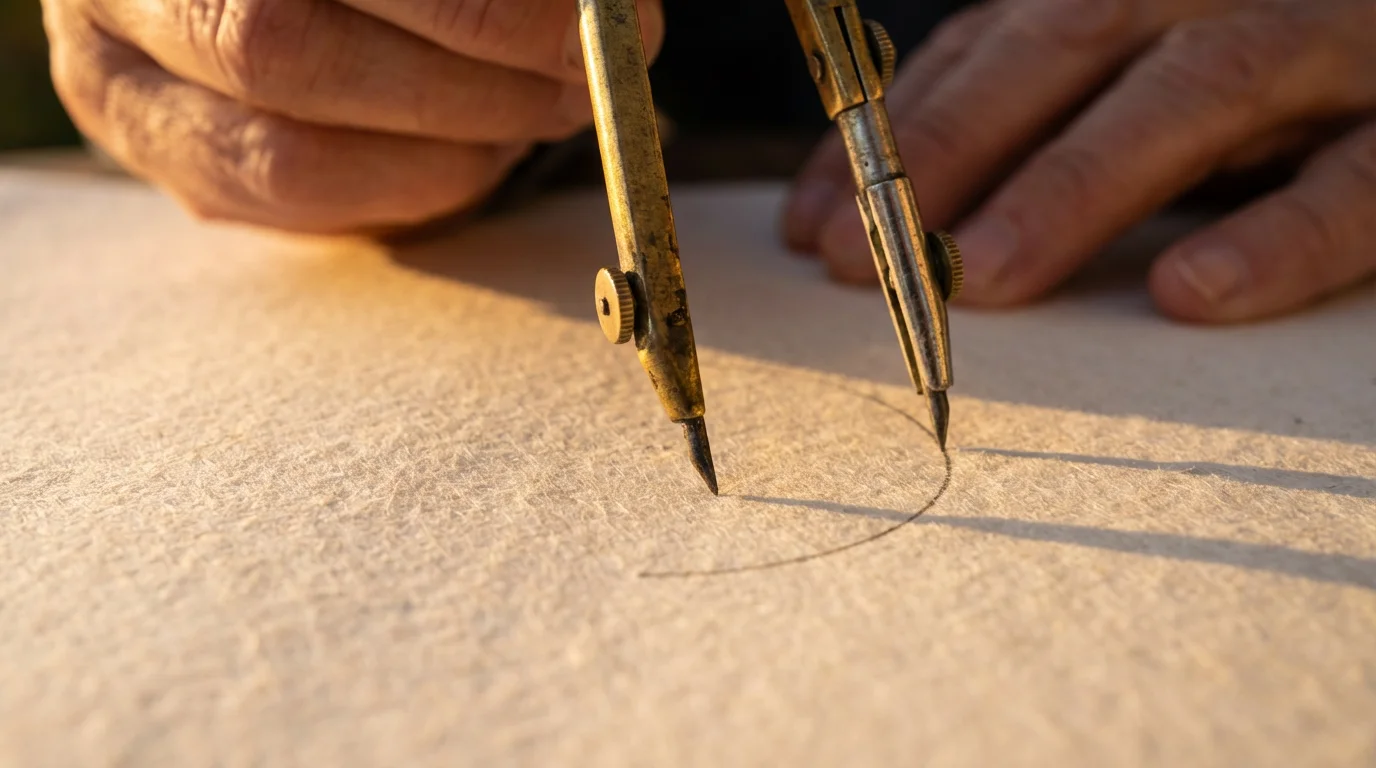 Macro photograph of a brass drafting compass drawing a precise arc on textured paper.