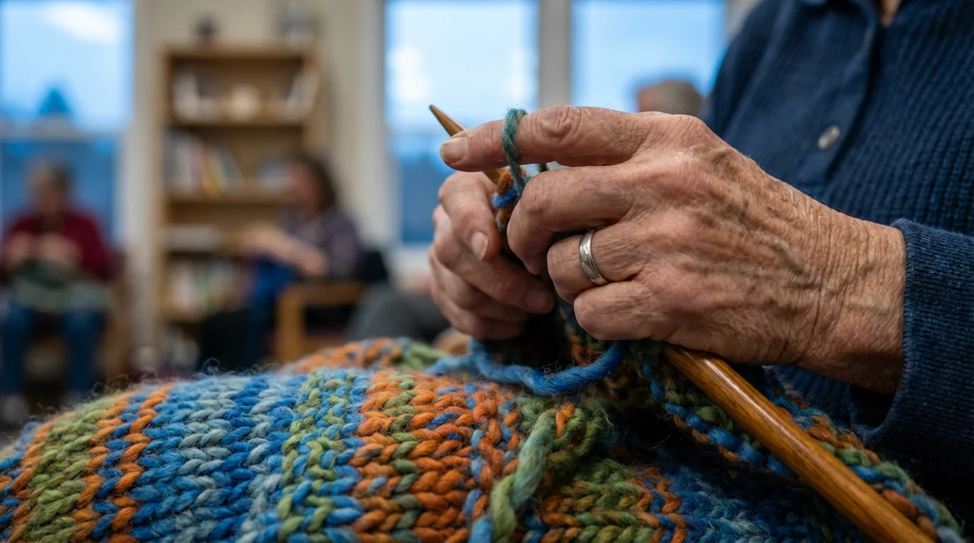 Macro photograph of a senior person's hands knitting a colorful blanket during twilight.