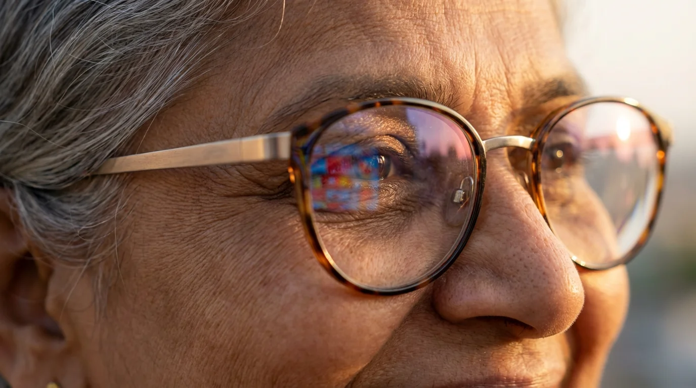 Macro photograph of a senior woman's smiling eye with a colorful screen reflected in her glasses.