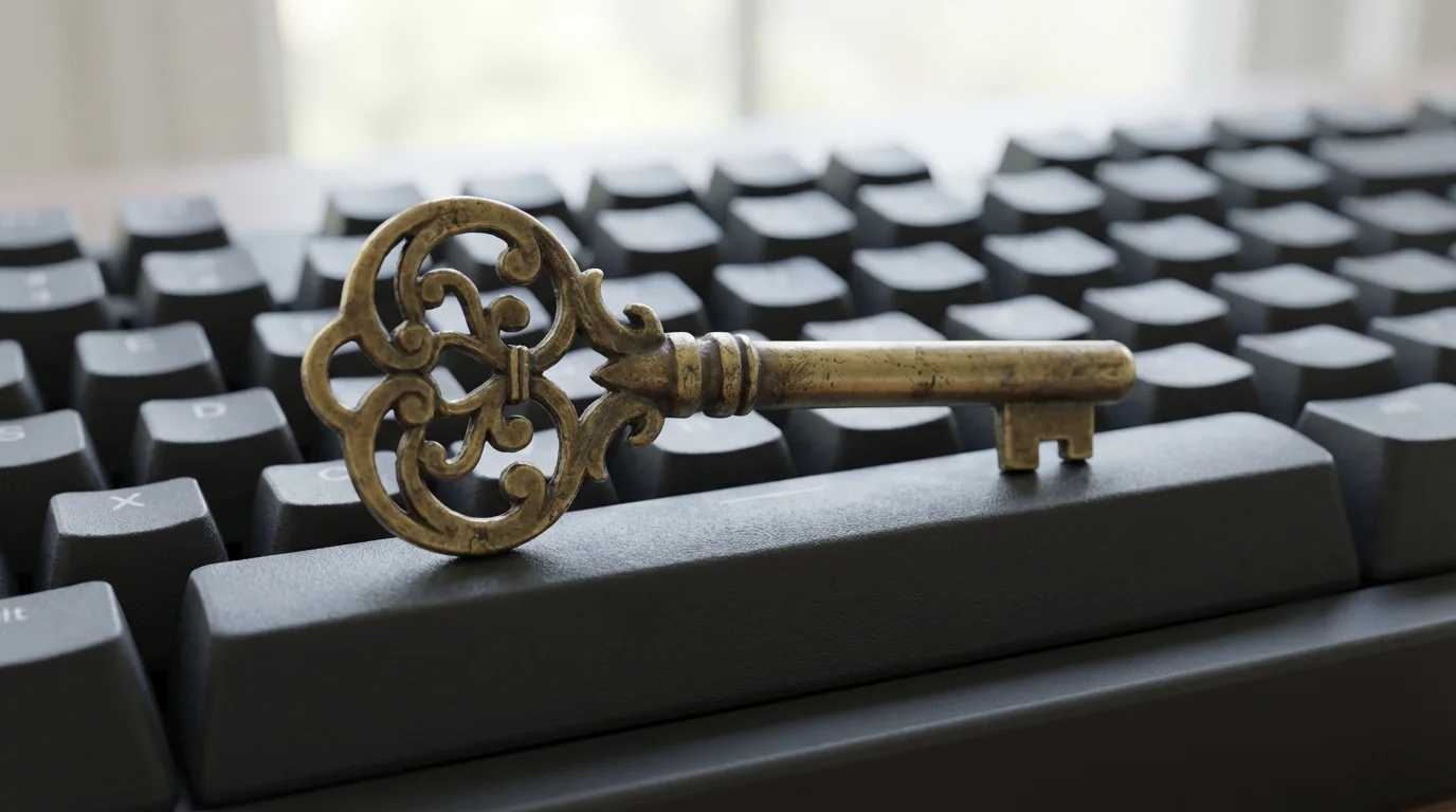 Macro photograph of a single antique brass key resting on a modern computer keyboard.