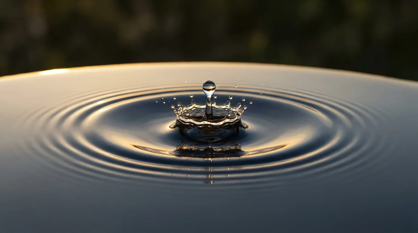 Macro photograph of a water droplet creating calm ripples on a surface at sunset.