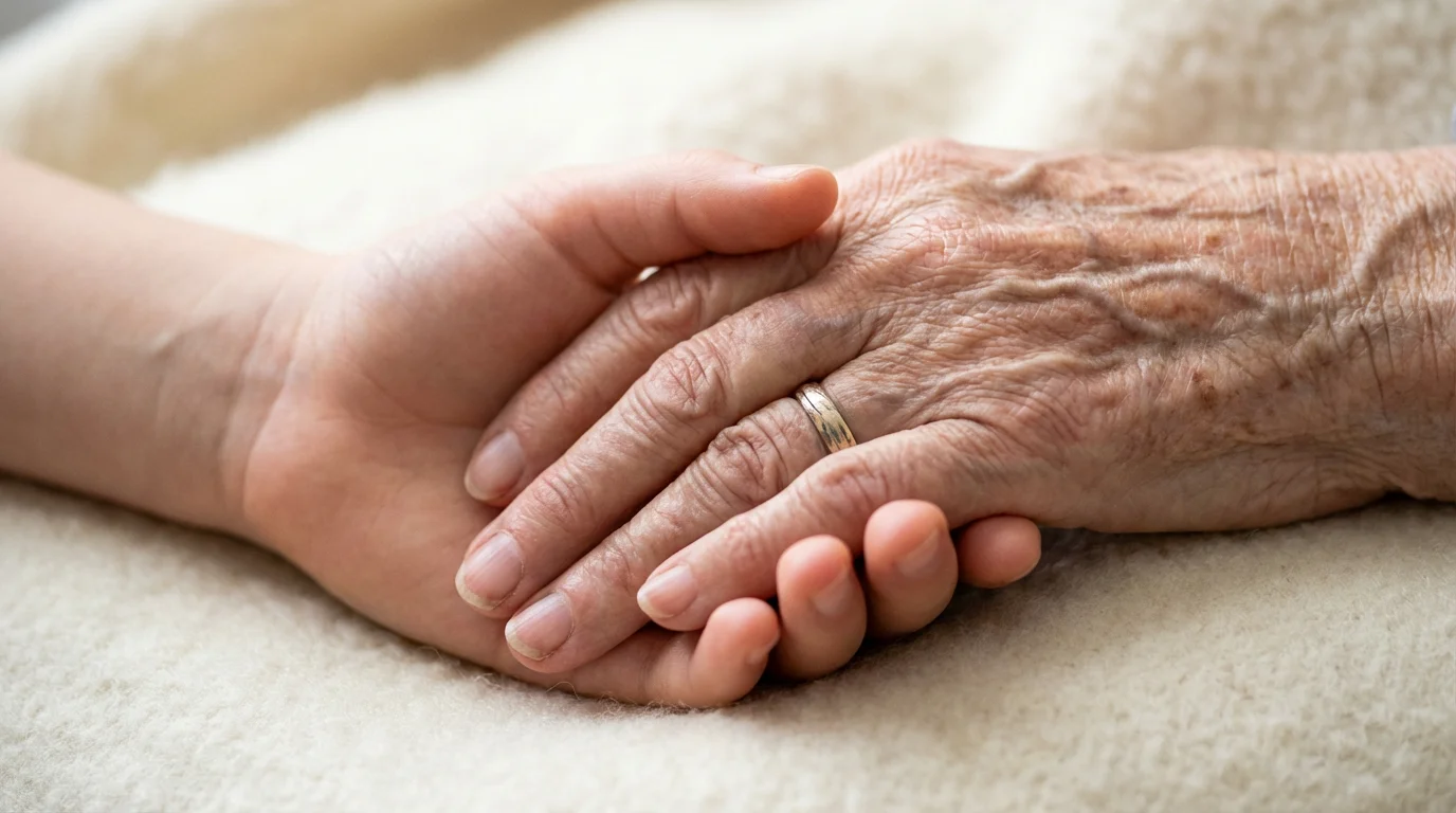 Macro photograph of a young person's hand holding an older person's wrinkled hand.