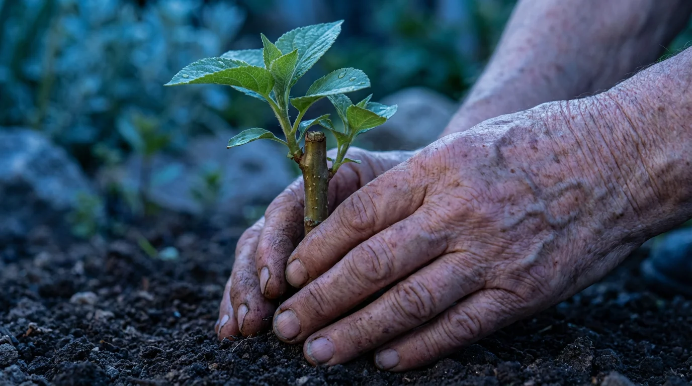 Macro photograph of an older person's hand carefully holding a sturdy plant sapling.