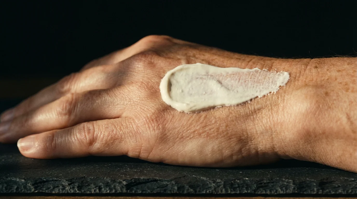 Macro photograph of white sunscreen being applied to the back of a mature hand.
