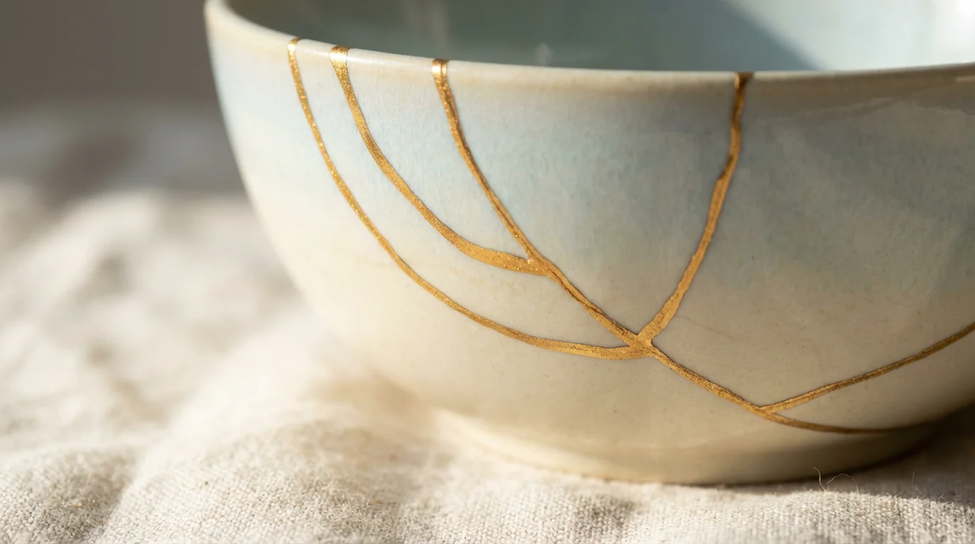 Macro shot of a ceramic bowl with cracks repaired by golden Kintsugi seams.
