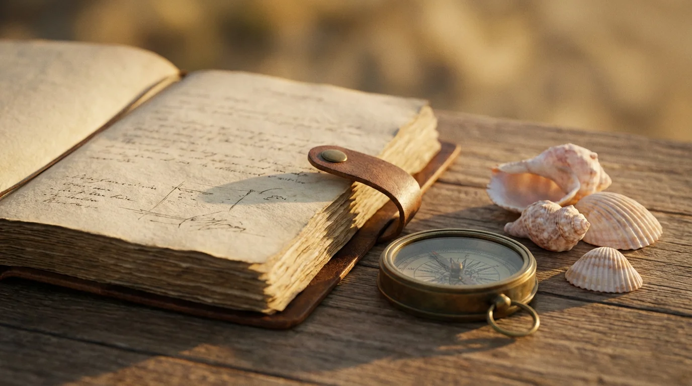 Macro shot of a journal, compass, and seashells on a wooden table at sunset.