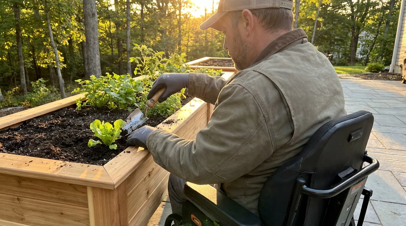 Man in wheelchair using an ergonomic tool to tend to a raised garden bed.