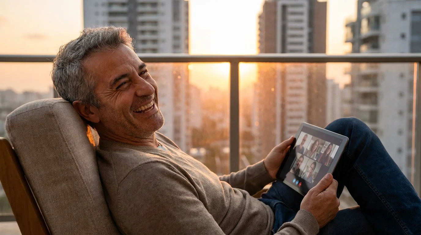 Man on a balcony laughing during a video call on a tablet at sunset.